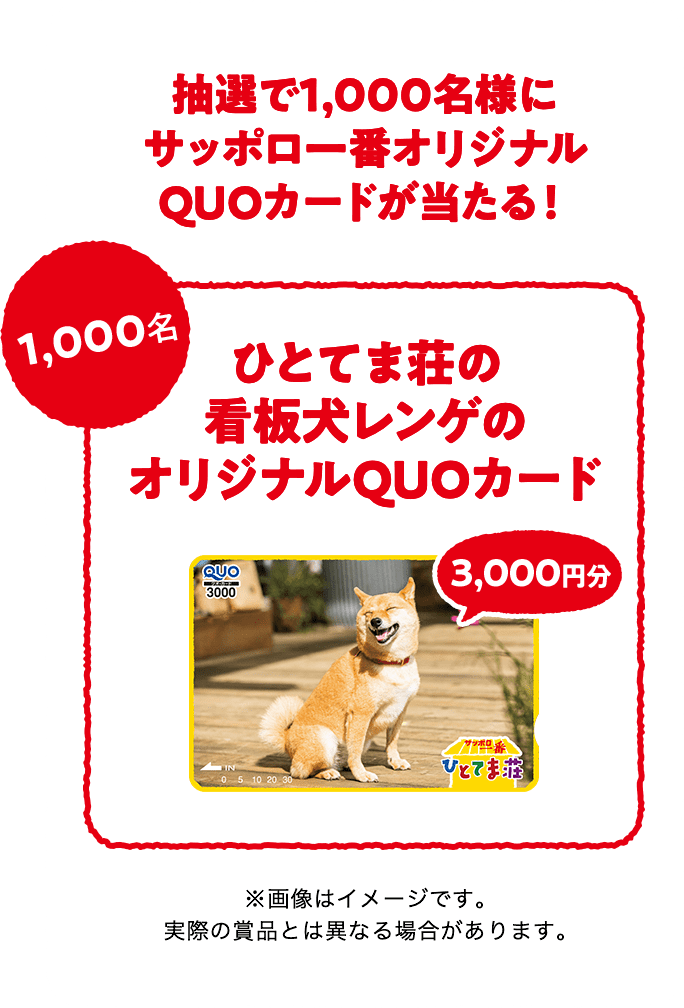 抽選で1,000名様にサッポロ一番オリジナルQUOカードが当たる!
ひとてま荘の看板犬レンゲのオリジナルQUOカード3000円分 1,000名